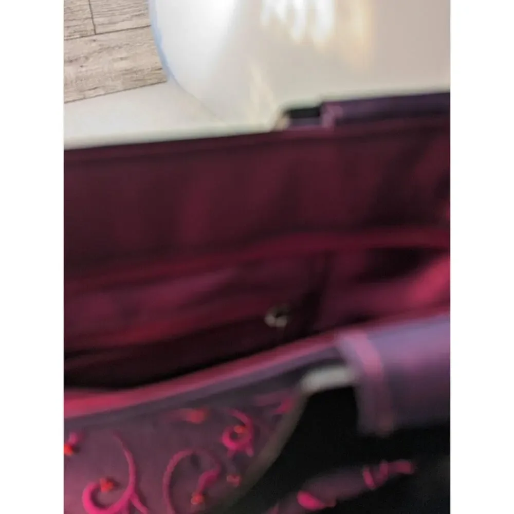Purse Embroidered Taffeta Plum/ Red/ Wine Wood Handles made in Thailand 14x8x4+